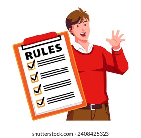 a Man holding a Clipboard with Rules and Checklist