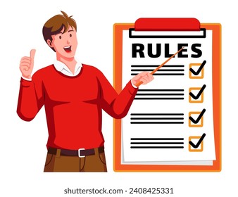 a Man holding a Clipboard with Rules and Checklist