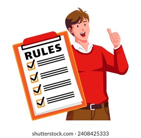 ein Mann mit einer Zwischenablage mit Regeln und Checkliste