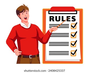 a Man holding a Clipboard with Rules and Checklist