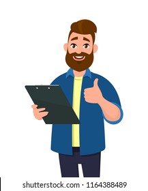 Man holding a clipboard and showing thumbs up or like sign. Vector illustration in cartoon style.