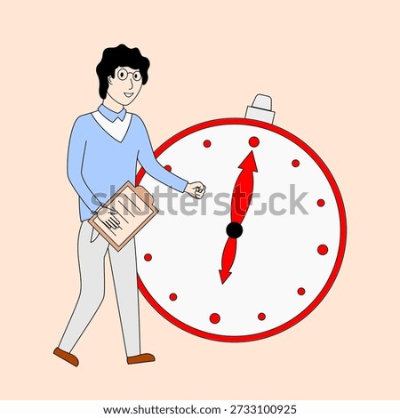 A man is holding a clipboard and standing in front of a clock. 
