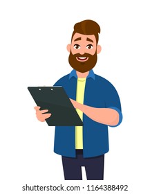 Man holding a clipboard. Vector illustration in cartoon style.