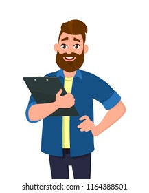 Man holding a clipboard. Vector illustration in cartoon style.