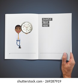 Man holding clock printed on book