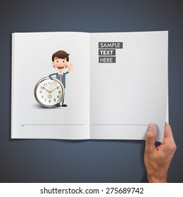 Man holding clock printed on book