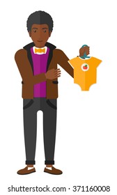Man holding clothes for baby.