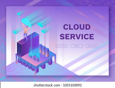 Mann, der Cloud hält isometrische Infografik 3D-Illustration, Landing-Page-Layout, Vektor Web-Vorlage, intelligentes modernes Technologiekonzept