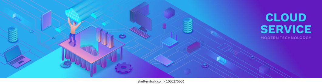 Man holding cloud isometric infographic 3d illustration, landing page layout, vector web template, smart modern technolodgy concept