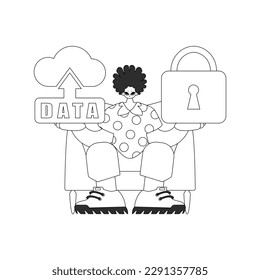 Hombre sujetando un icono de almacenamiento en la nube para representar Internet de las cosas, en un diseño lineal vectorial