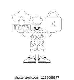 Man holding cloud storage logo for Internet of Things, outlined in vector style