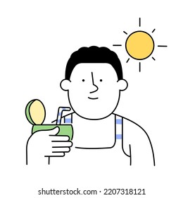 Man holding a cocktail, coconut water on the beach. Outline, thin line, doodle art. Simple style with editable stroke.