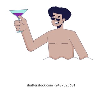 Man holding cocktail in pool 2D linear cartoon character. Hispanic male with glass in water isolated line vector person white background. Poolside party fun color flat spot illustration