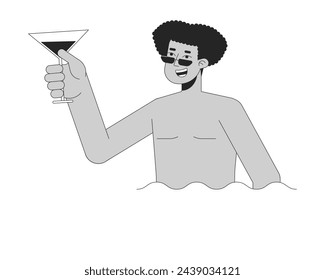 Man holding cocktail in pool black and white 2D line cartoon character. Hispanic male with glass in water isolated vector outline person. Poolside party fun monochromatic flat spot illustration