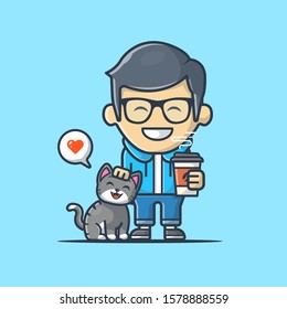 Man Holding Coffee With Cat Vector Icon Illustration. Cat Lover Mascot Logo, Animal Icon Concept White Isolated. Flat Cartoon Style Suitable for Web Landing Page, Banner, Sticker, Background