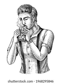 Man holding coffee cup and drinking coffee hand draw vintage engraving style black and white clip art isolated on white background