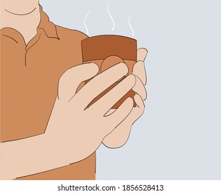 Man holding a coffee cup. Hand drawn style vector design illustrations