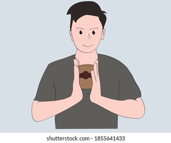 Hombre sosteniendo una taza de café con dos manos. Ilustraciones de diseño vectorial de estilo dibujado a mano
