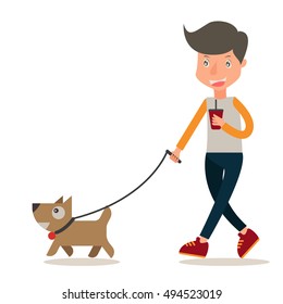 Man holding coffee cup walking with dog relaxing together vector illustrator design.