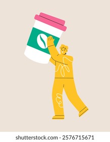 Man holding coffee huge paper cup. Colorful vector illustration