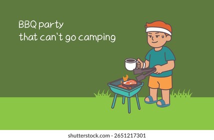 A man holding a coffee mug, surrounded by grilled meat and laughter at a barbecue.