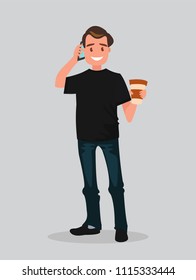 A man holding coffee and talking on the phone.