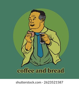 man holding coffee while eating bread in city lifestyle. Flat logo for coffee and bread shop