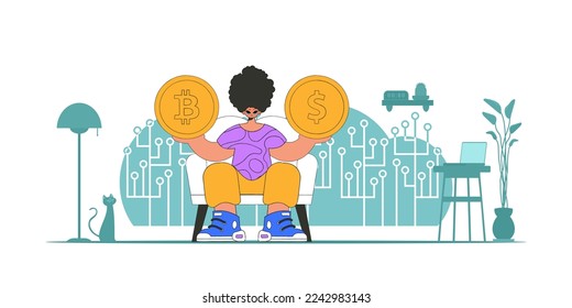 A man is holding a coin of bitcoin and dollar. Cryptocurrency and fiat exchange theme.