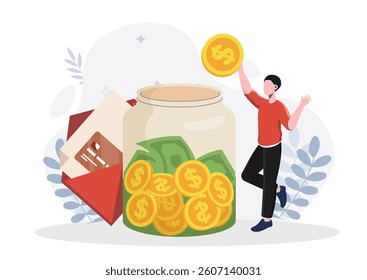 A man holding a coin near a large glass jar filled with cash and coins, flat style, on a white background with leaves and envelopes, concept of personal savings. Vector illustration