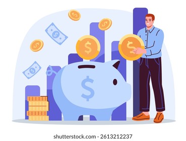Man holding coin near piggy bank with bar chart, coins, and bills on light background. Concept of saving money, financial planning. Vector illustration