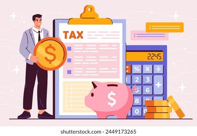 A man holding a coin next to a tax document clipboards, piggy bank, and a calculator, against a light background, concept of tax calculation. Vector illustration