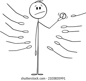 Man holding coin, outstretched hands or palms are begging or asking for gift or money, vector cartoon stick figure or character illustration.