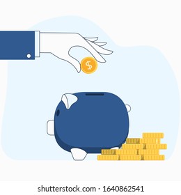 Man holding coin with piggy.  saving money for purchase house concept. Flat line art vector illustration