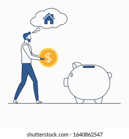 Man holding coin with piggy.  saving money for purchase house concept. Flat line art vector illustration