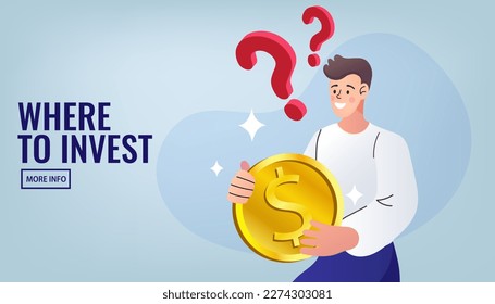 Man holding coin thinking about investment. Finances and expenses. financial problems. money question Where to invest Pay off debt or invest for profit. Vector illustration 
