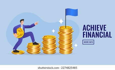 Man holding coin walking up pile money. businessman climbing coin stairs. Businessman who is carrying a coin and walking on pile of coins vector illustration.