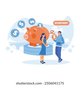 Man holding coins. A married couple saves money in a piggy bank. Investment concept. Flat vector illustration.