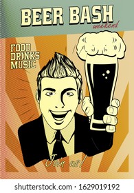 Man holding cold beer vector illustration and beer bash typography design. Clean flat design for bar and menu design. Elements are layers separately in vector file. EPS 10