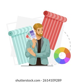 Man holding color swatches with red and blue curtains, circular color palette, flat style, on white background. Concept of interior design. Vector illustration