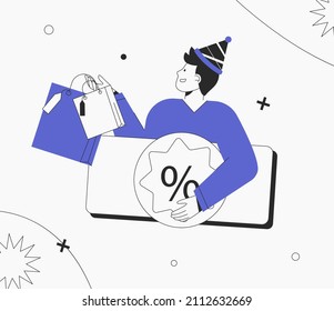 Hombre con muchas bolsas de colores. Comercio electrónico y compras en línea. Oferta Cashback, Venta Total y Concepto de Descuento Festivo. Vector de estilo plano.