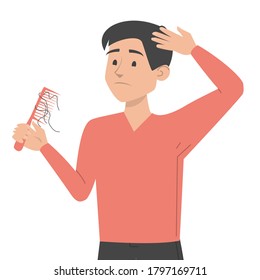 Man holding comb with hair on it vector isolated. Sign of alopecia, problem with health. Hair thinning and loss.