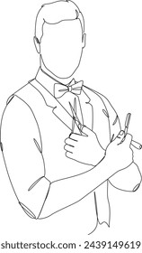 A man holding a comb and a scissors line art