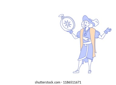 man holding compass happy columbus day concept business direction america discover holiday sketch doodle horizontal vector illustration