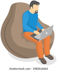 Man is holding computer device typing on keyboard. Guy sitting with laptop in hands looks at monitor. Male character watching video or movie. Job freelance, student at online learning, remote worker,