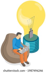 Man is holding computer device typing on keyboard. Guy sitting in bag chair near burning bulb with laptop in hands looks at monitor. Male character watching video. Job freelance, remote worker