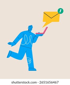 Homem segurando computador mostra o e-mail recebido. Ilustração vetorial colorida
