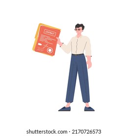 The man is holding a contract. The character is depicted in full growth. Isolated on white background. Vector illustration.