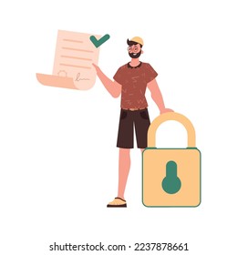 Un hombre tiene un contrato o documento. Concepto de protección de datos. Un contrato inteligente. Carácter de estilo moderno.