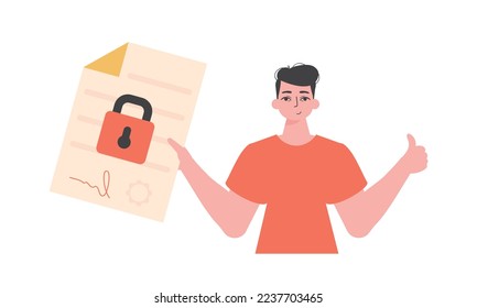 A man is holding a contract or document. Smart contract. Data protection. Modern style character.