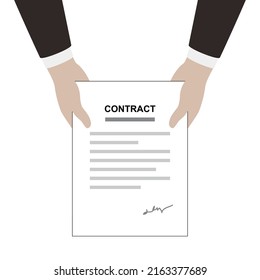 Man holding contract paper, flat design, vector illustration